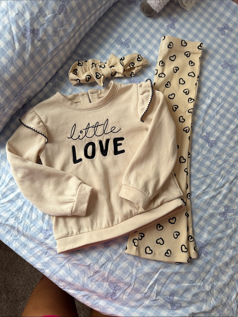 Nicole Miller Cream Kids set with Black Heart Print and matching bow